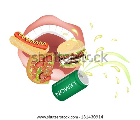 Unhealthy Eating, Illustration of Person Eating A Lot of Unhealthy Fast Food and Junk Food, Hot Dog, Pizza, Hamburger and Lemon Soda in A Mouth