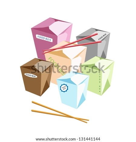 An Illustration of Multi Size and Colorful Blank Chinese Food Containers and Chopsticks Isolated on White Background