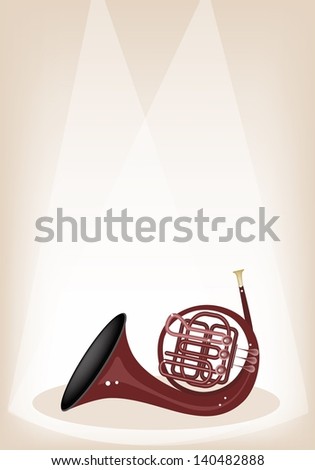 Music Instrument, An Illustration Brown Color of French Horn on Brown Stage Background with Copy Space for Text Decorated