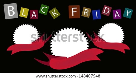 Tree Blank of Round Labels and Red Ribbons on Black Friday Background with Copy Space and Text Decorated, Sign for Start Christmas Shopping Season.