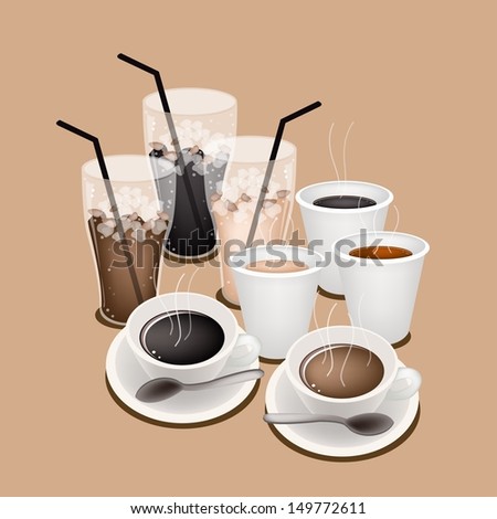 A Group of Black Coffee, Takeaway Coffee and Iced Coffee Stay on Retro Brown Background