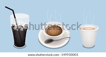 A Cup of Hot Black Coffee, Takeaway Coffee and Iced Coffee on Retro Blue Background