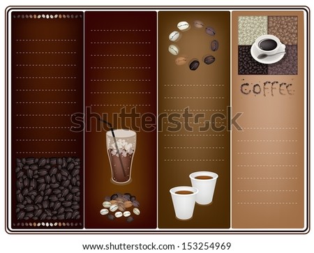 Coffee Brochure of Roasted Coffee Bean, Hot Coffee and Iced Coffee on Elegant Brown Background with Copy Space for Text Decorated