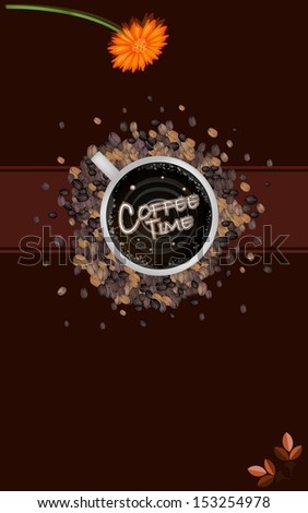 Coffee Menu, Latte Art of Milk Cream Writing Coffee Time Word on A Cup of Coffee with Coffee Bean and Daisy Flower on Brown Background