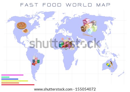Food Benefit, Detailed Illustration of A Map of Fast Food and Take Out Food On A Global Scale
