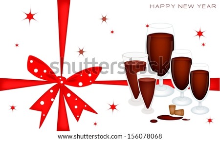 A White Card of Red Wine With Bow and Ribbon for 2014 New Year Greeting Card and Voucher