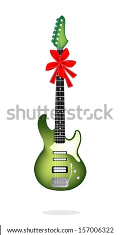 An Illustration of A Single Green Electric Guitar with Red Ribbon and Bow, A Perfect Gift or Present for Someone Special.
