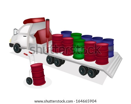 Hand Truck or Dolly Loading Oil Drums or Oil Can into A Flatbed Truck or Flatbed Articulated Lorry, Ready for Shipping or Delivery. 