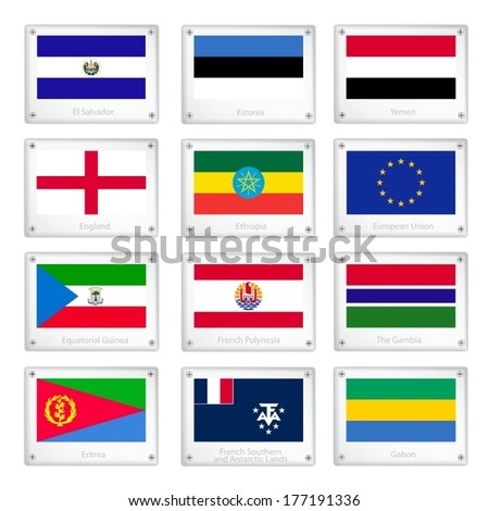 National Flags of El Salvador, Estonia, Yemen, England, Ethiopia, European Union, Equatorial Guinea, French Polynesia, Gambia, Eritrea, French Southern and Antarctic Lands and Gabon. 