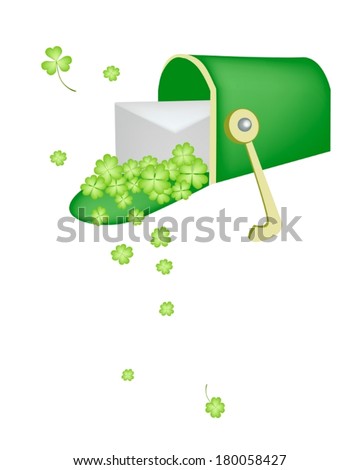 Symbols for Fortune and Luck, Vector Illustration of Open Mailbox or Letter Box Receiving A Letter and Four Leaf Clover Plants or Shamrock for St. Patricks Day Celebration. 