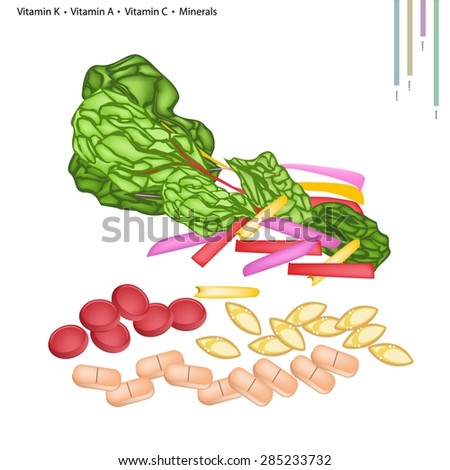 Healthcare Concept, Illustration of Rainbow Swiss Chard with Vitamin K, Vitamin A, Vitamin C and Minerals Tablet, Essential Nutrient for Life. 