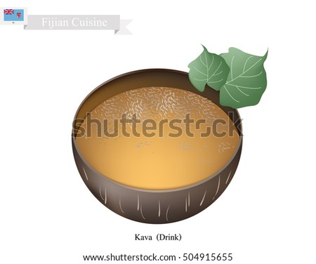 Fijian Cuisine, Illustration of Kava Drink or Traditional Beverage Made From The Roots of The Kava Plant Mixed with Water. One of The Most Popular Drink in Fiji.