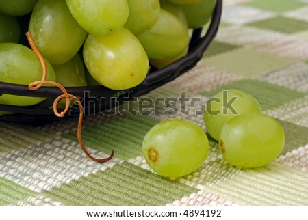 Macro still-life of green grapes in a decorative black bowl with tendril leading down to 3 additional grapes on the color coordinated placemat.
