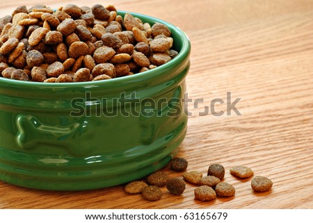 Healthy dog food in bowl on wood background with copy space.  Macro with shallow dof.
