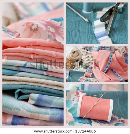 Sewing collage includes macro images of pastel colored fabric, sewing basket with notions, pinking shears on moire fabric, and needle with thread - for home decor, dressmaking, or quilting project.