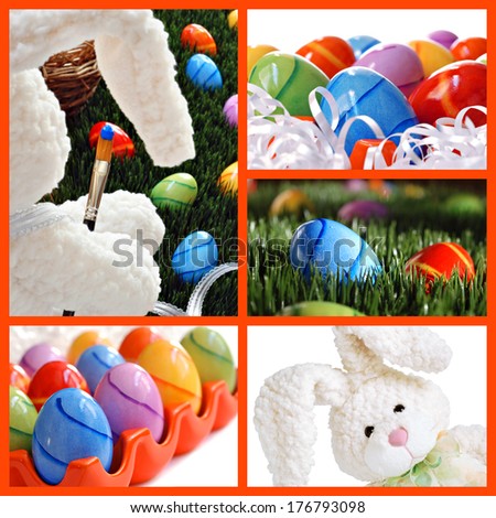 Easter collage includes whimsical still life of stuffed bunny \'painting\' eggs, brightly colored easter eggs hidden in grass, eggs in a ceramic tray, and bunny with floppy ears.