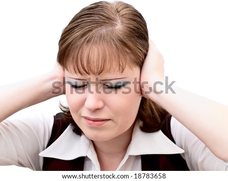 Woman covering ears and closed eyes
