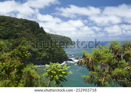 Maui rocky coastline along road to Hana, one of the most dangerous roads in Hawaii.
