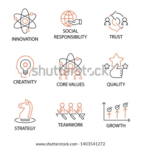 Modern Flat thin line Icon Set in Concept of Business Core Values with word Innovation,Social Responsibility,Trus,Creativity,Corevalue,Quality,Strategy,Teamwork,Growth. Editable Stroke