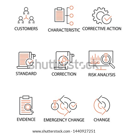 Modern Flat thin line Icon Set in Concept of Quality Management System with word Customers,Characteristic,Corrective Action,Standard,Correction,Risk Analysis,Evidence,Emergency Change. Editable Stroke