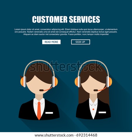 man and woman wearing headsets conceptual of client services and communication. customer service concept. modern flat designed vector illustration.