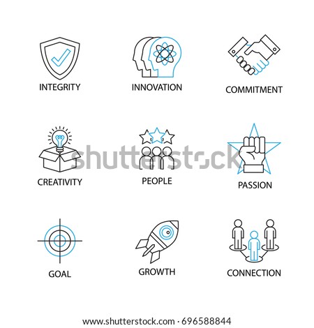 Modern Thin Line Icon or Pictogram with word integrity,innovation,commitment,creativity,people,passion,goal,growth,connection. Business Core Value Concept.