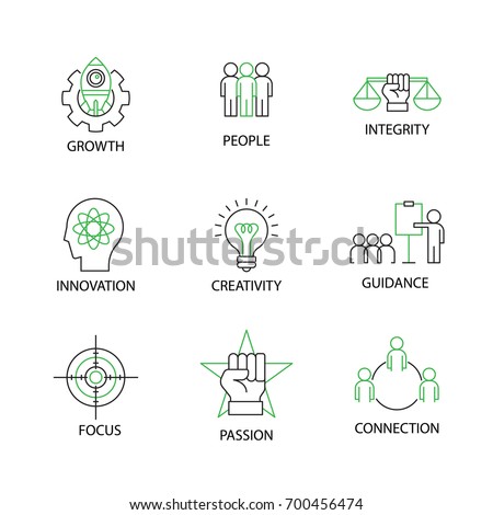 Modern Flat thin line Icon Set in Concept of Business Core Values with word Growth,People,Integrity,Innovation,Creativity,Guidance,Focus,Passion,Connection.Editable Stroke.