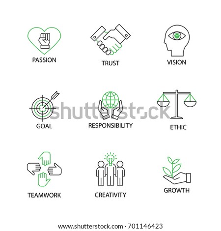 Modern Flat thin line Icon Set in Concept of Business Core Values with word Passion, Trust, Vision, Goal, Responsibility, Ethics, Teamwork, Creativity, Growth. Editable Stroke.