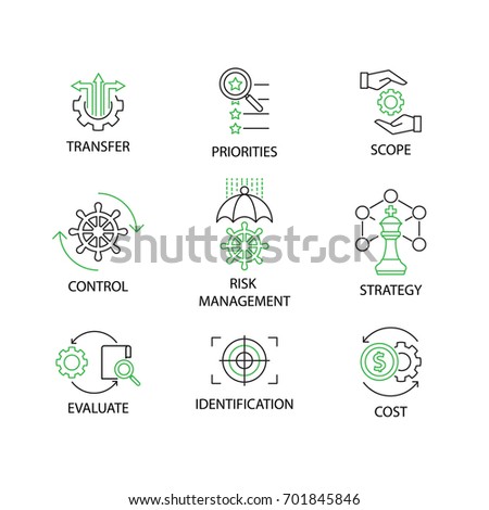 Modern Flat thin line Icon Set in Concept of Risk Management with word Strategy,Risk Management,Control,Scope,Priorities,Transfer,Cost,Identification,Evaluate. Editable Stroke.