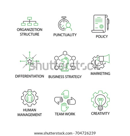 Modern Icon set  in Concept of Business Strategy with word Organization Structure, Punctuality, Policy, Differentiation, Business Strategy, Marketing, Human Management, Team Work, Creativity. Editable Stroke.