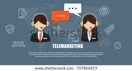 Male and Female call center avatar icons with a faceless wearing headsets with colorful speech bubbles conceptual of Telemarketing.