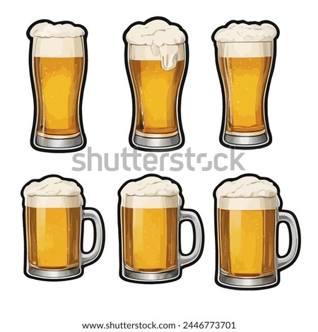 Glasses Filled With Foamy Beer, Stickers, Isolated On White Background