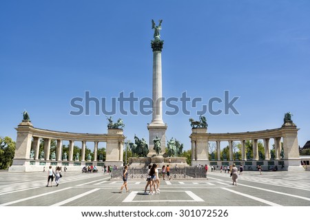 BUDAPEST, HUNGARY, JULY 11,2015: People visiting Heroes Square (Hosok Tere),one of the major squares in Budapest noted for its iconic statue complex.