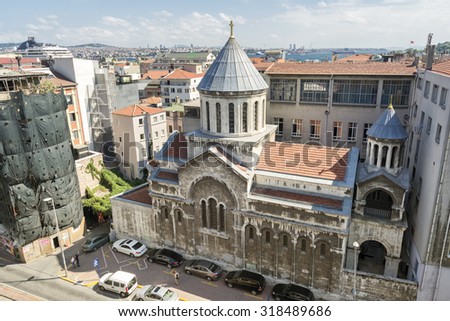 ISTANBUL,TURKEY,SEPTEMBER 16, 2015: Aerial view of Galata Surp Krikor Lusavoric Armenian Church at Karakoy, the oldest Armenian church in Istanbul,