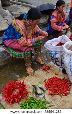 BAC HA, VIETNAM - August 12: Unidentified women of the Flower H\'mong Ethnic Minority People at market on August 12, 2014 in Bac Ha, Vietnam. H\'mong are the 8th largest ethnic group in Vietnam.