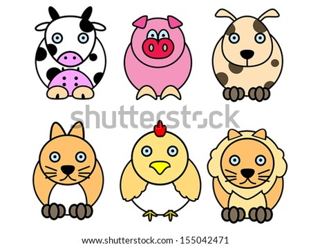 set of cute animal cartoons (cow, pig, dog, cat, chicken, lion) - Stock ...