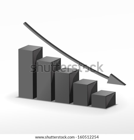 3D business decline graph. Vector. Black / grey version.