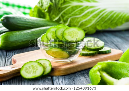 Similar – Image, Stock Photo Plate with a cucumber skewer on a white background