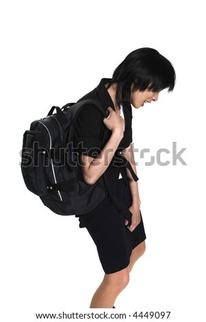 young woman carrying back-pack over white background
