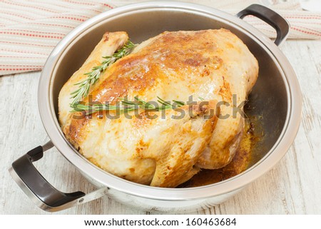 Roast turkey in pan, with its own juices. Turkey in baking pan. Viewed from above.