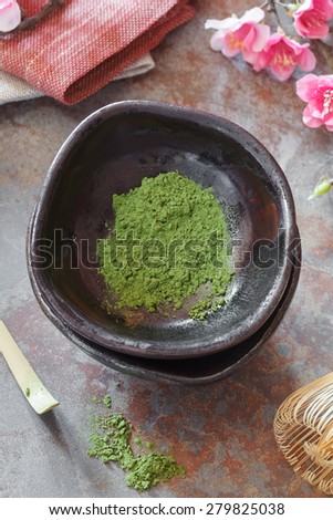 Matcha green tea .Still life with Japanese matcha accessories. Japanese Tea Ceremony: Preparation of powdered green tea.Macro, selective focus. Natural light