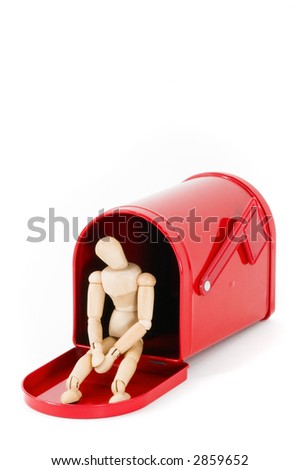 No mail from you - dejected mannequin sits in empty red mailbox