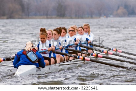 Kansas University Women\'s Rowing Team with splashes of water - April 21, 2007 at Minnesota