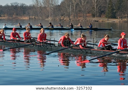 University of Wisconsin women\'s rowing team waits for Drake team to get into position for race - April 14, 2007 at Minnesota