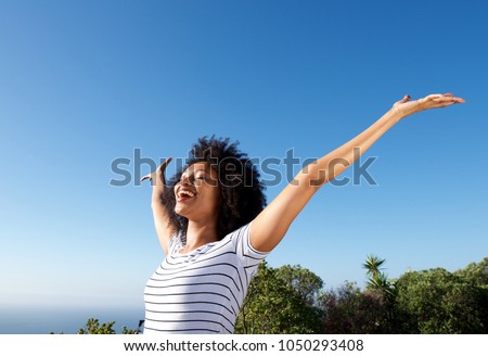 Similar – Image, Stock Photo Positive girl with outstretched hand looking at camera