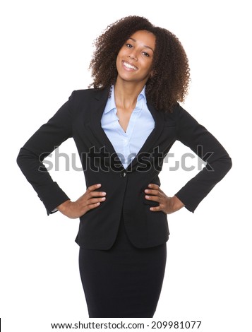 Portrait of a young black business woman smiling on isolated white background