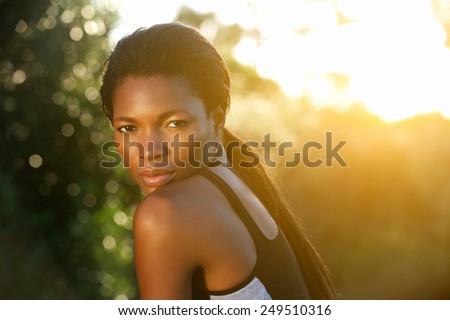 Close up portrait of a beautiful african american female fitness model
