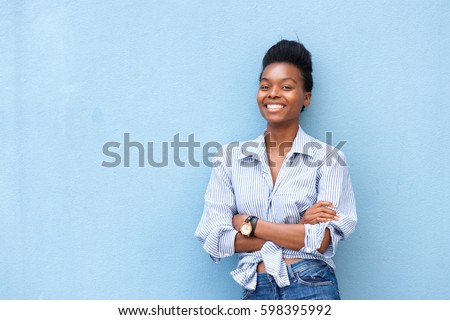 Similar – Image, Stock Photo Cheerful black woman leaning on railing in port