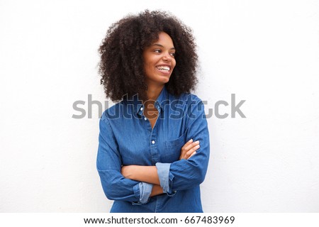 Similar – Image, Stock Photo Happy african young woman with curly hair listening to music on earphones. Hispanic hipster girl dancing to rhythm and singing along melody in the autumn park.