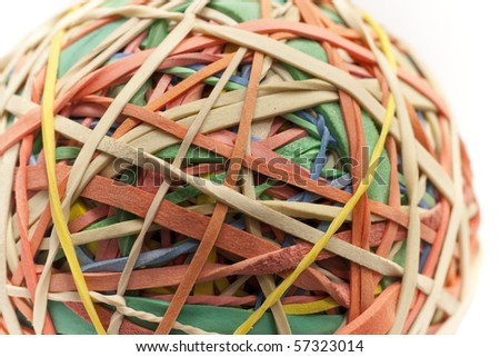 Colorful rubber band ball closeup with a white background